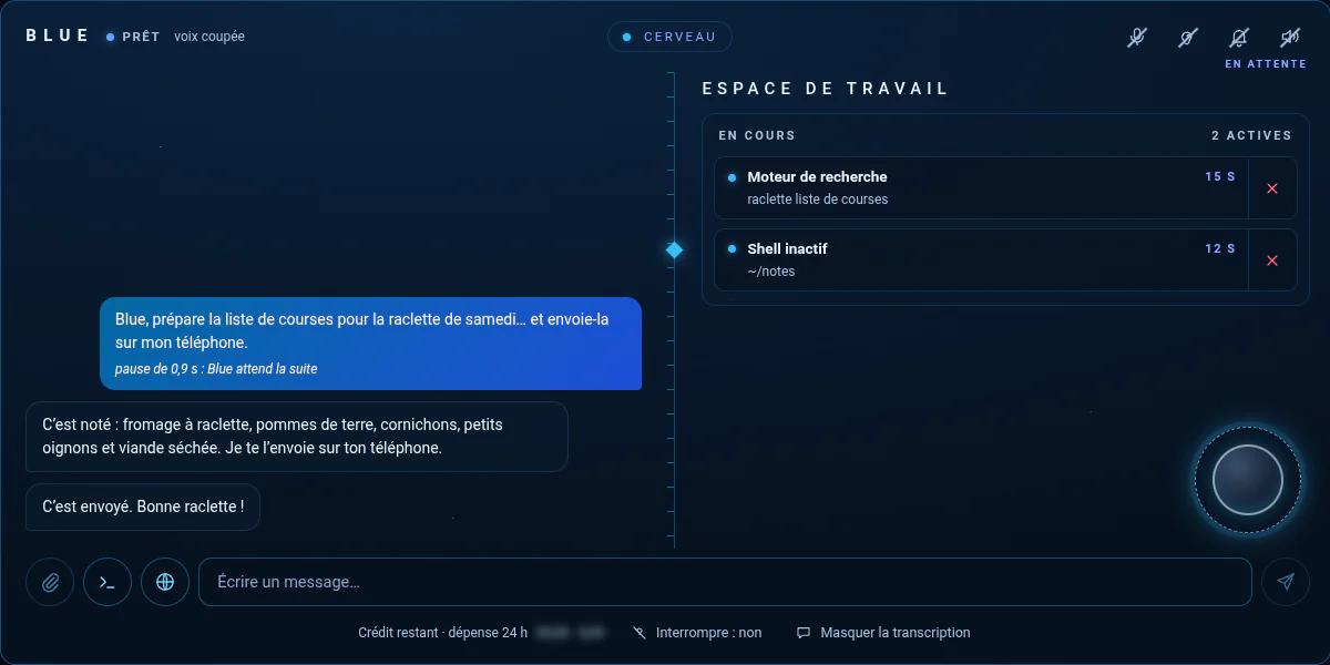 L'interface de Blue : une demande dictée, la liste de courses d'une raclette, la réponse de Blue puis « C'est envoyé ».