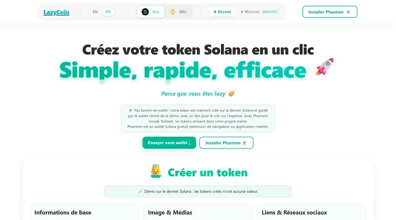 L'accueil de la démo Lazycoin : « Créez votre token Solana en un clic », et le bouton pour essayer sans wallet.
