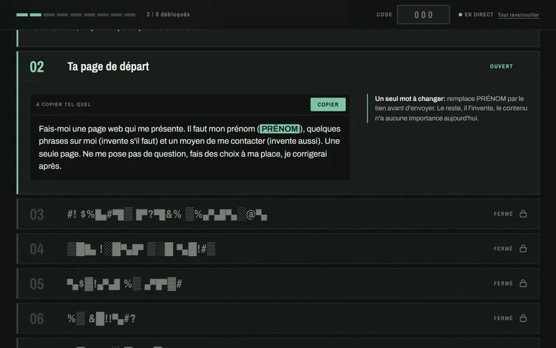 La page du workshop : l'étape 2, « Ta page de départ », et le prompt à copier.